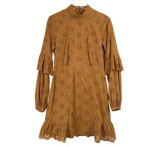 THURLEY Lillian Dress Women 4 Eyelet‎ Cotton Mock Neck Long Sleeve TIERED RUFFLE